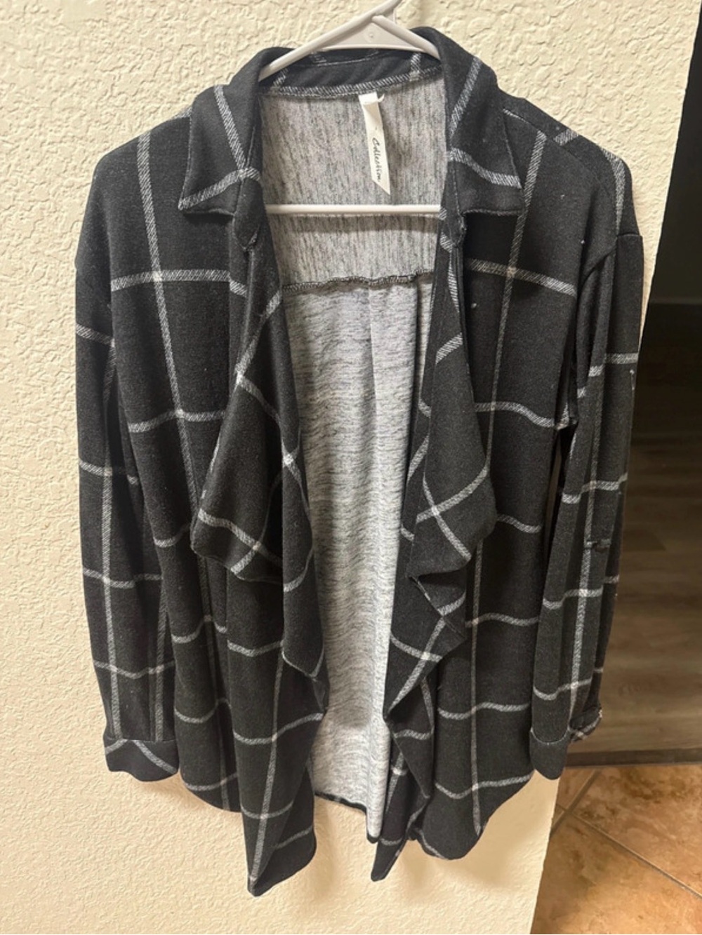 NY Collection Black Plaid Open-Front Draped Cardigan